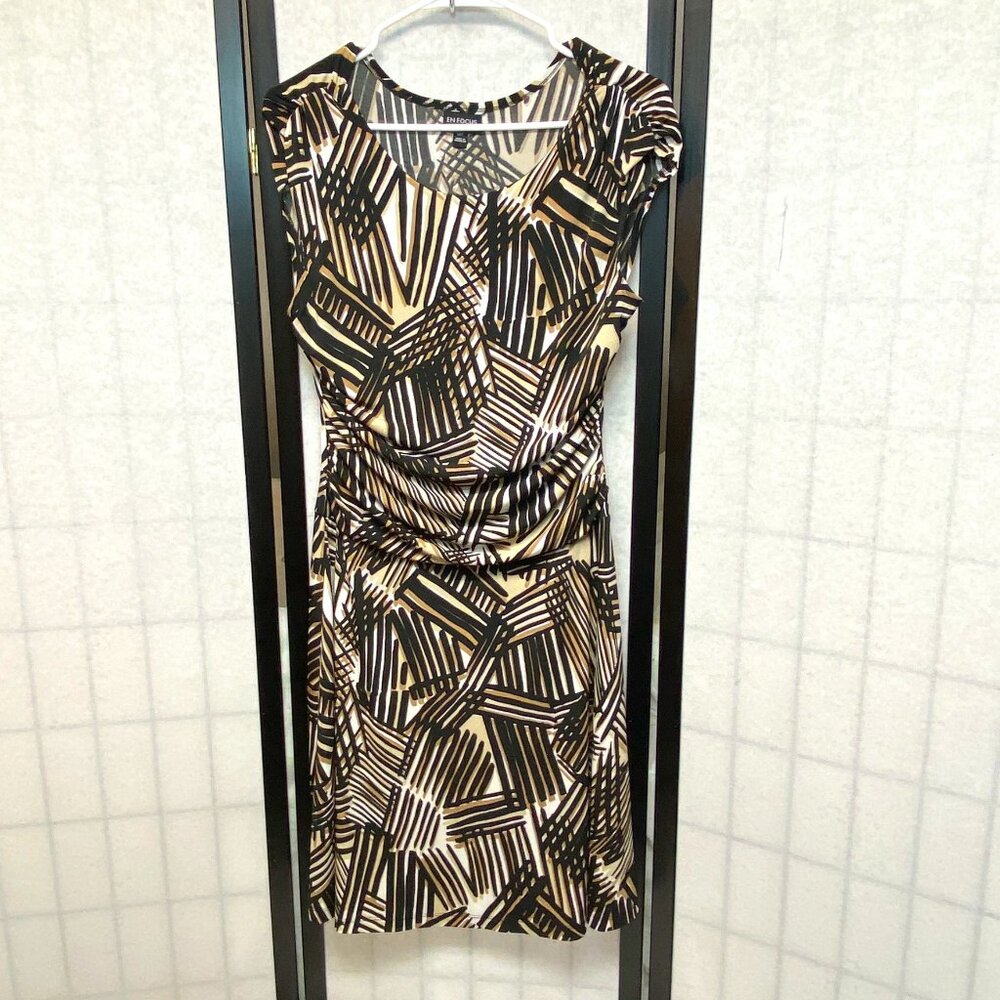 En Focus Cap Sleeve Gathered Shoulder Rouched Drop Waist Dress 12P Brown Tan